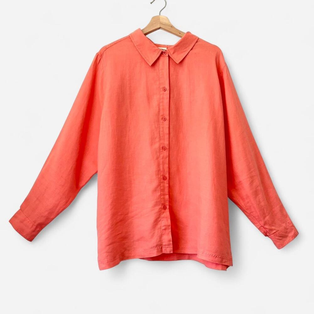 Cherokee Coral Pink Oversized Linen Button Down- One Size, Hamptons, Soft Girl
